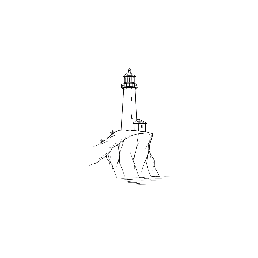 A tiny lighthouse on a cliff, minimal line work