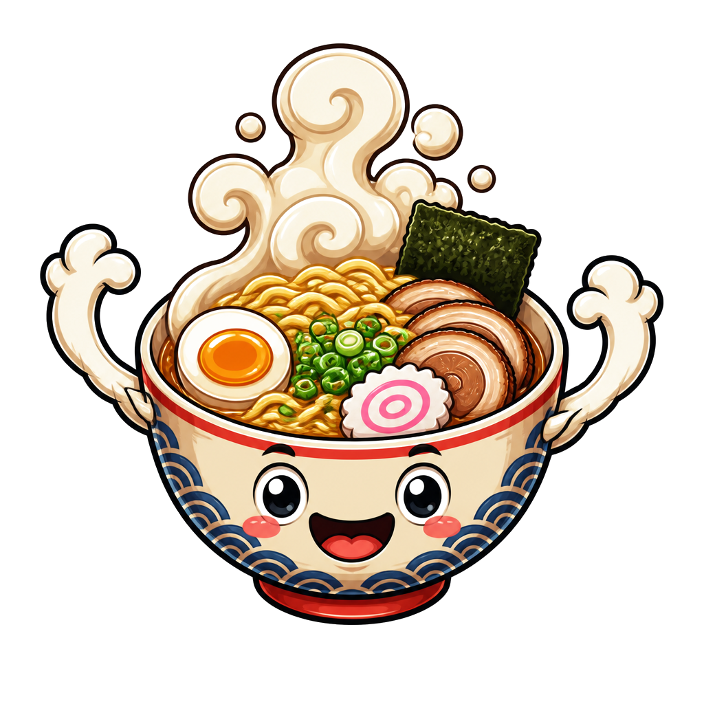 A happy ramen bowl with waving steam arms
