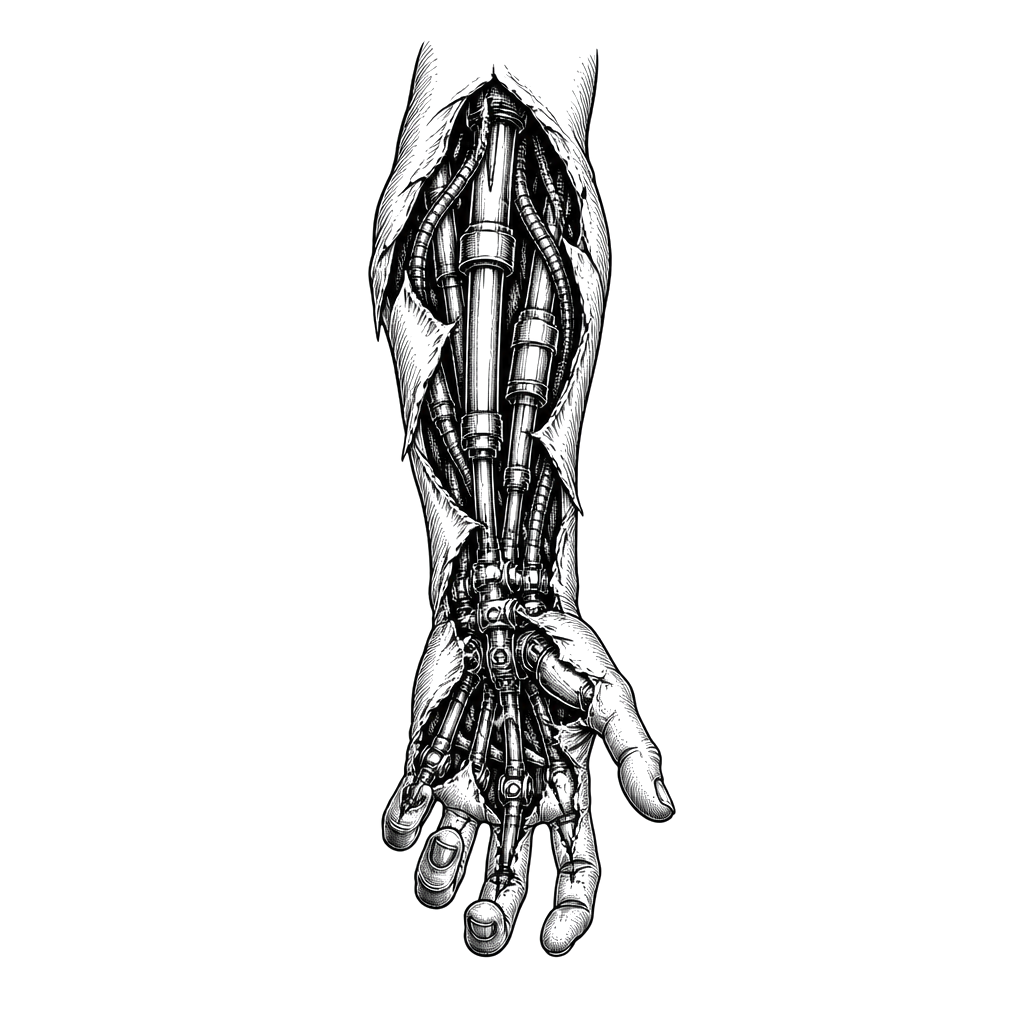 An arm opened to expose hydraulic lines
