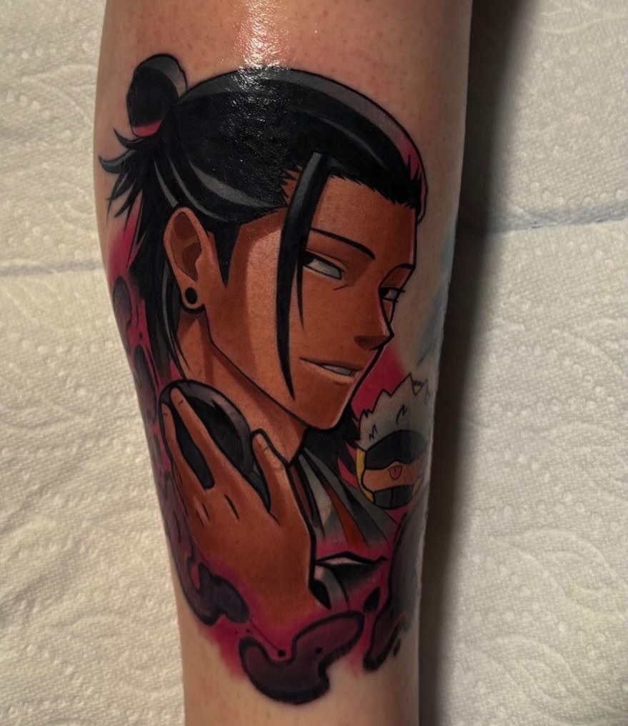 Jake is back at it & goin’ hard checkout this tattoo he did recently! #sugurugeto #animetattoo #colortattoo #nerdygirls #northgeorgia