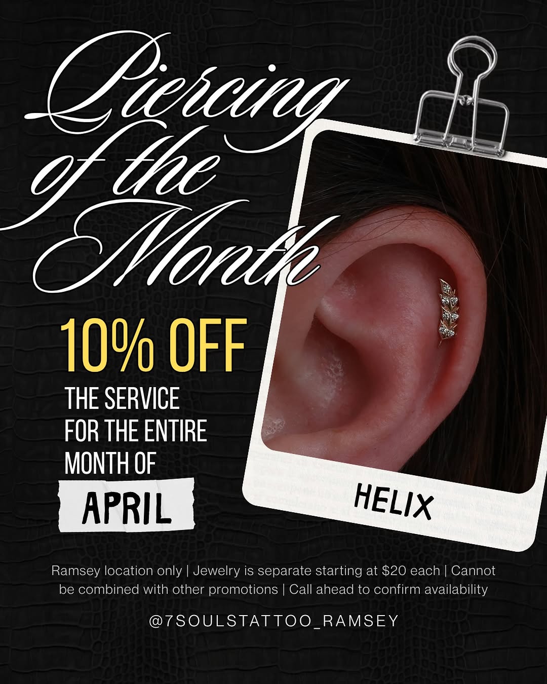 Beginning April, we’ll be introducing our Piercing of the Month special ✨

This month’s piercing: HELIX
Enjoy 10% off your service all month long! 

•