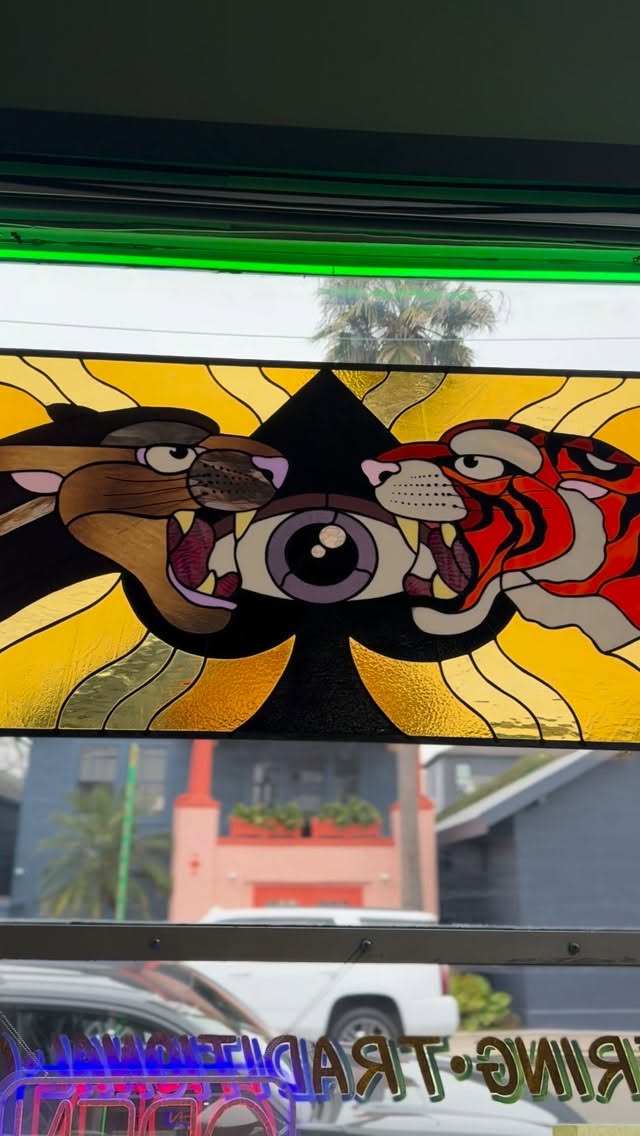 The homie @tomorrow_glass killed it with this new stained glass addition to our window!! Can’t thank you enough!! So tough!!  #neworleanstattooshop #s