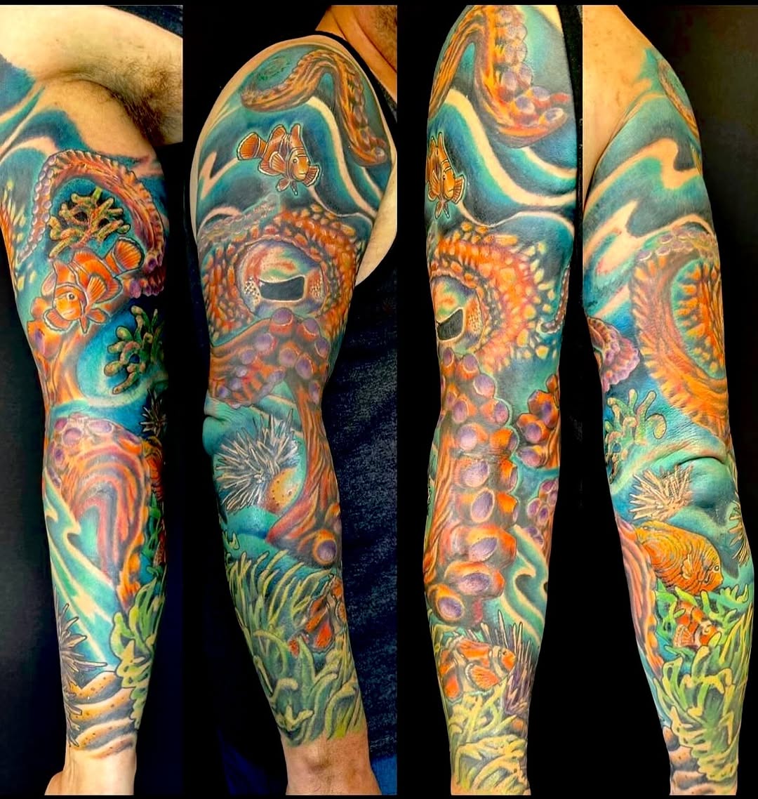 This octopus sleeve was a little different than my usual style. The hardest part about tattooing is taking an idea I’ve done and making it new and uni