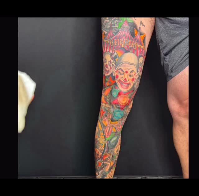 Started this Circus leg sleeve pre-covid. Unfortunately life sometimes gets in the way of our tattoo plans. Always a happy time for me when a tattoo t