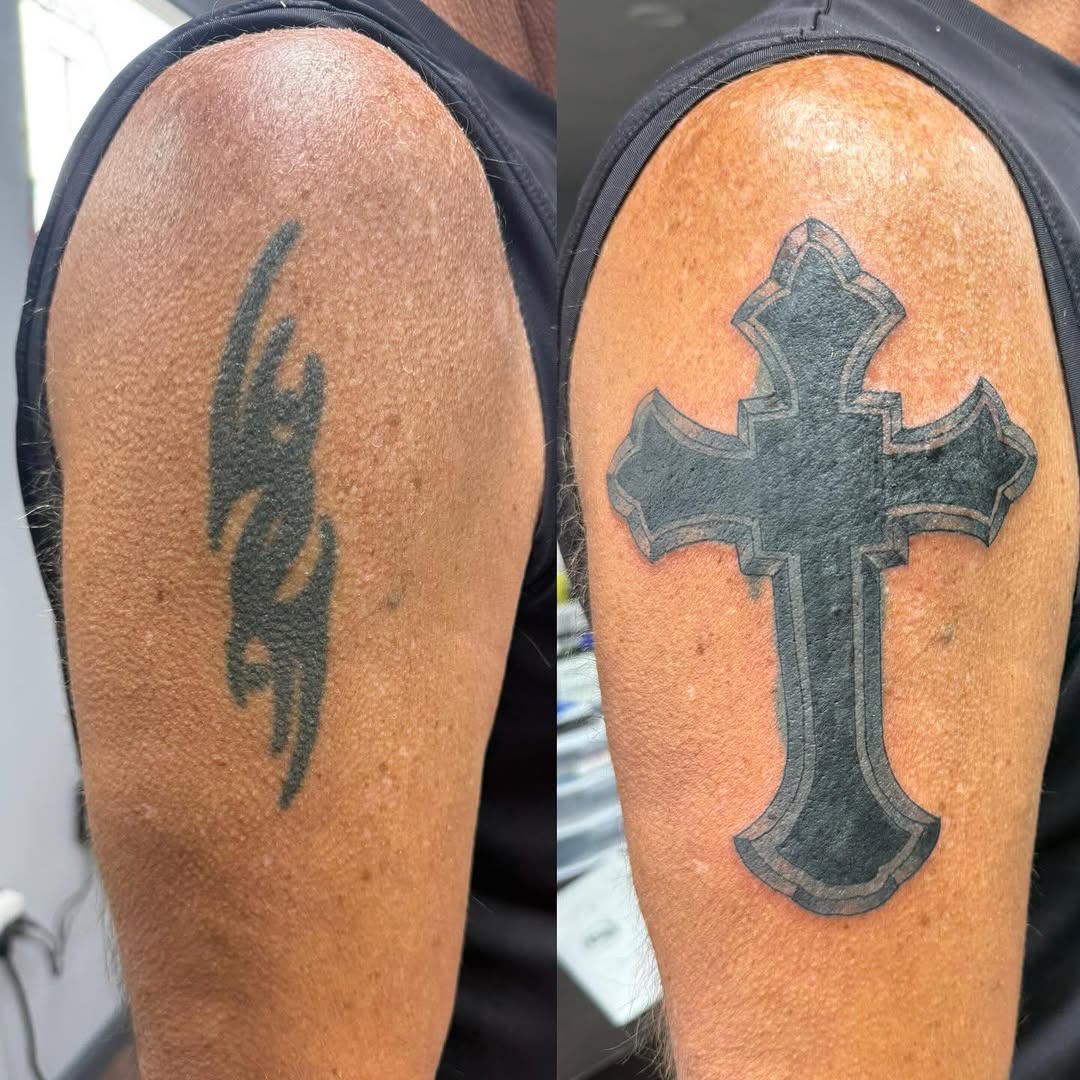 Cover up i got to start today cant wait to add a backround to this one!! #coveruptattoos #tattooist #tattoos #tattoostudio #crosstattoo