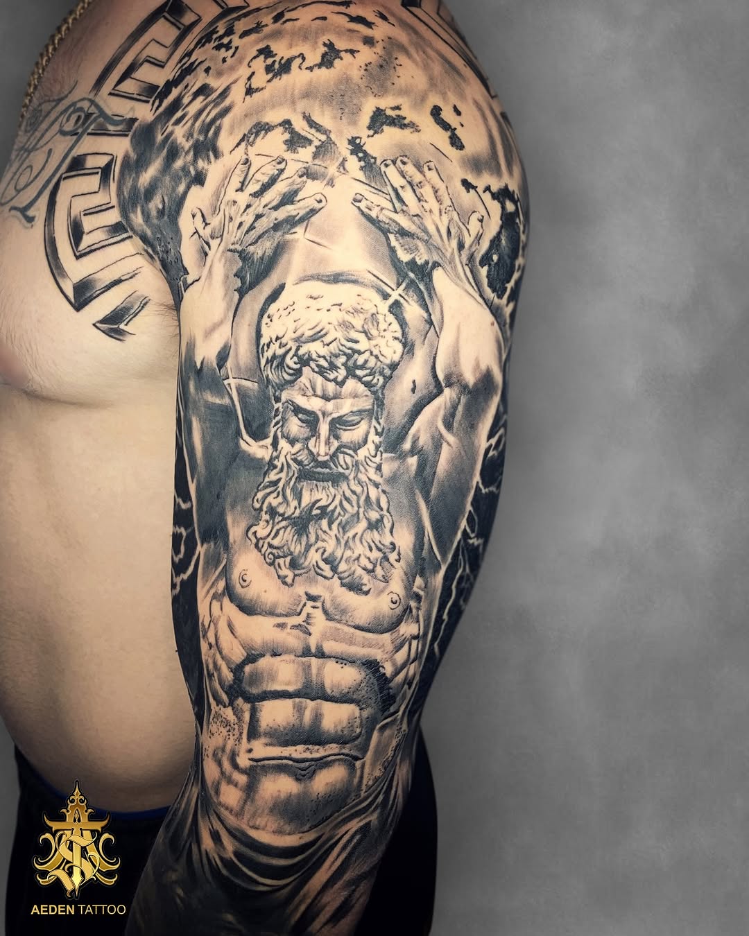 Immortalized in ink. ⚡✨ This hyper-realistic Greek God tattoo brings mythology to life with stunning detail and depth. A masterpiece created at Aeden 