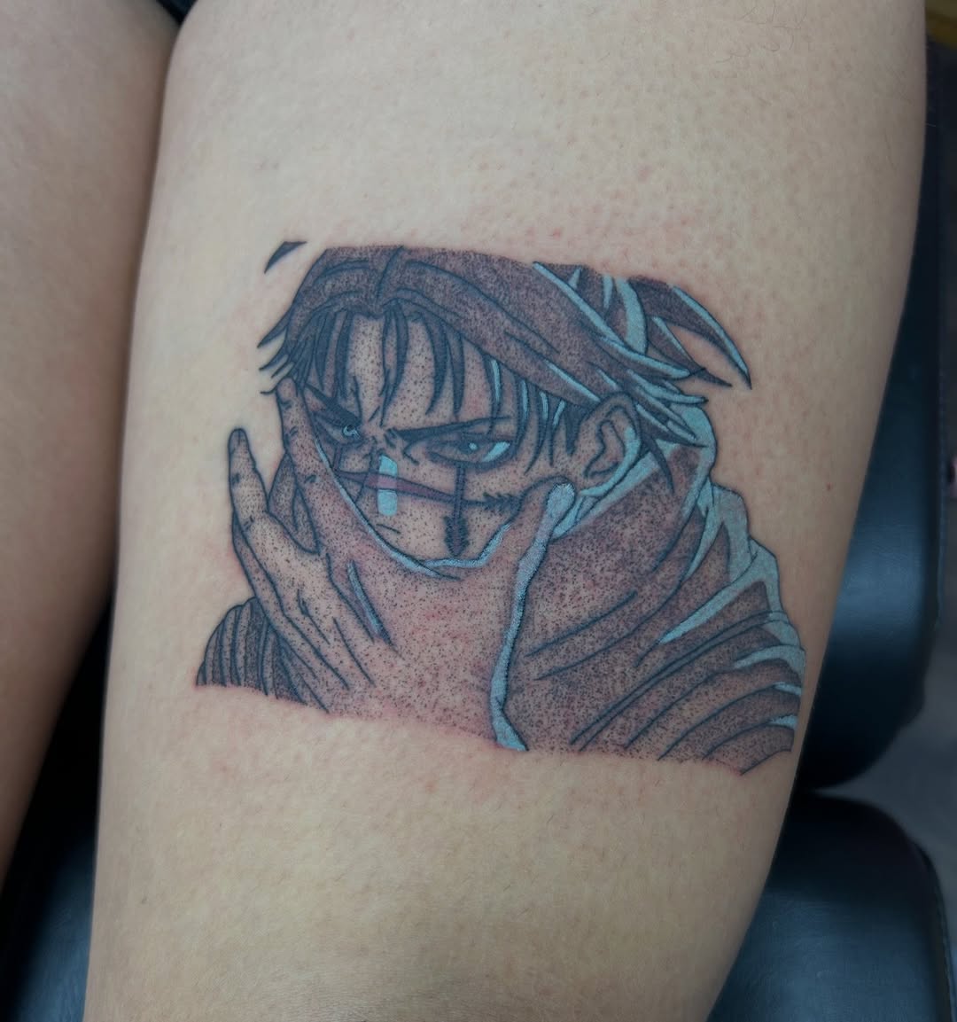 Choso from Jujutsu Kaisen! It was such a pleasure to do this one from my flash! I’d love to tattoo one of my maki panels!! 
If you want an anime tatto