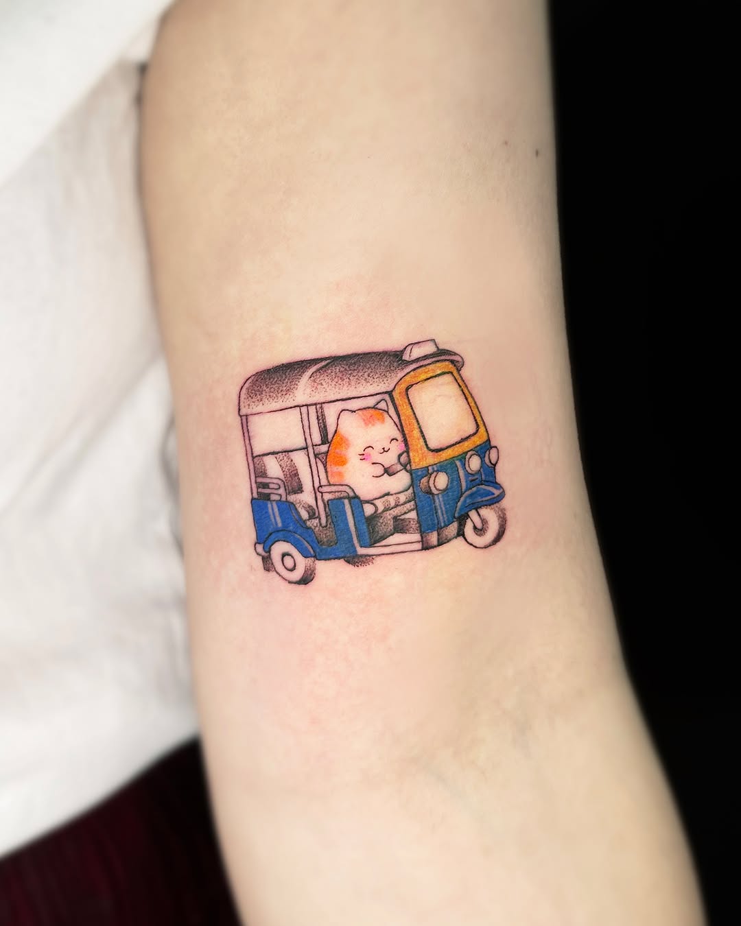 Cat in tuk-tuk, delicate linework paired with smooth color blending and controlled saturation for a clean watercolor look. DM to book.

#tattoo #bangk