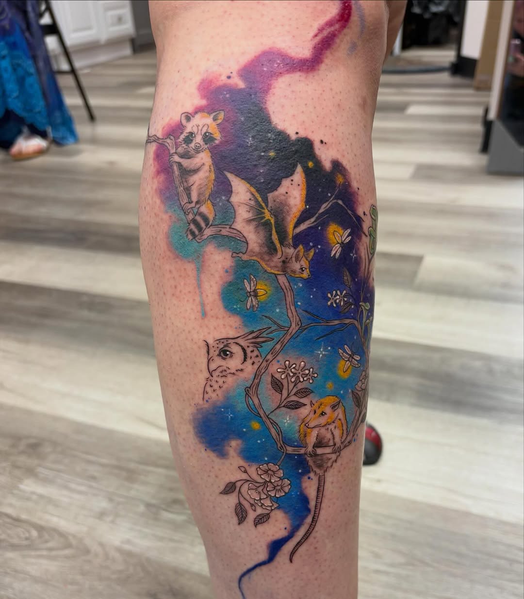 Serotonin molecule/Nocturnal critters!   
This was the last of 4 molecule wildlife tattoos. Such a fun idea!