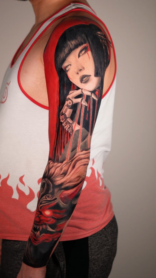 Red and black realism sleeve built with depth, contrast, and clean flow.

#realismtattoo
#colortattoo
#tattoosleeve
#customtattoo
#tattooartist