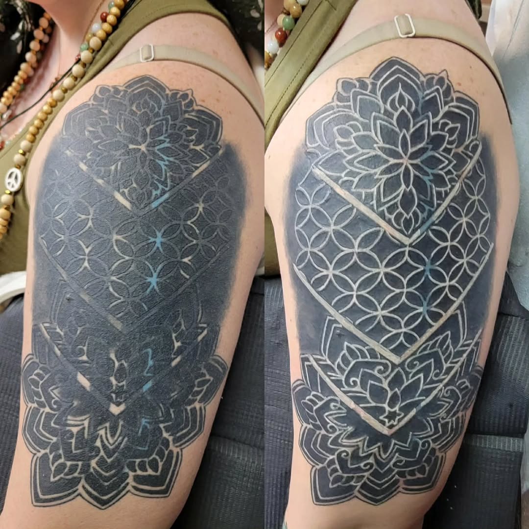 Swipe for finished. Client came in with the first picture. Not a super well done cover up attempt. 1st session we packed in some white to attempt sepa
