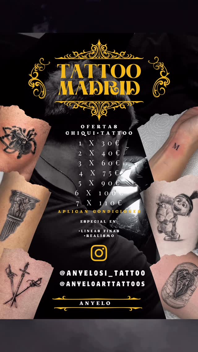 Ofertas⚜️Chiquitattoo
Condiciones 
-5cm máximo 
-Línea fina
-Minimalista 
-Sin relleno 
-1 solo elemento ( no compuesto )
-NO APLICAN FRASES.
-Las pal
