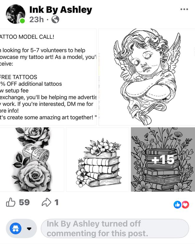 It has come to my attention there is scam post going around and using my Shop as their location. Do not contact this person!!! Art in Motion Tattoo Do