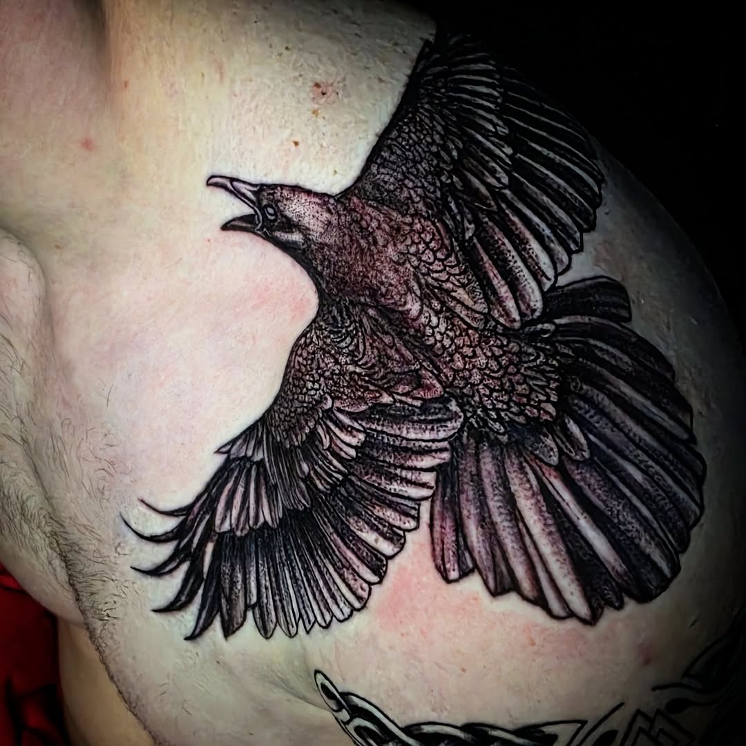 A link between the living and the unknown. Carrying the secrets of the spirit world on these wings.

#CrowTattoo #darkaesthetics #BlackWork #Transform