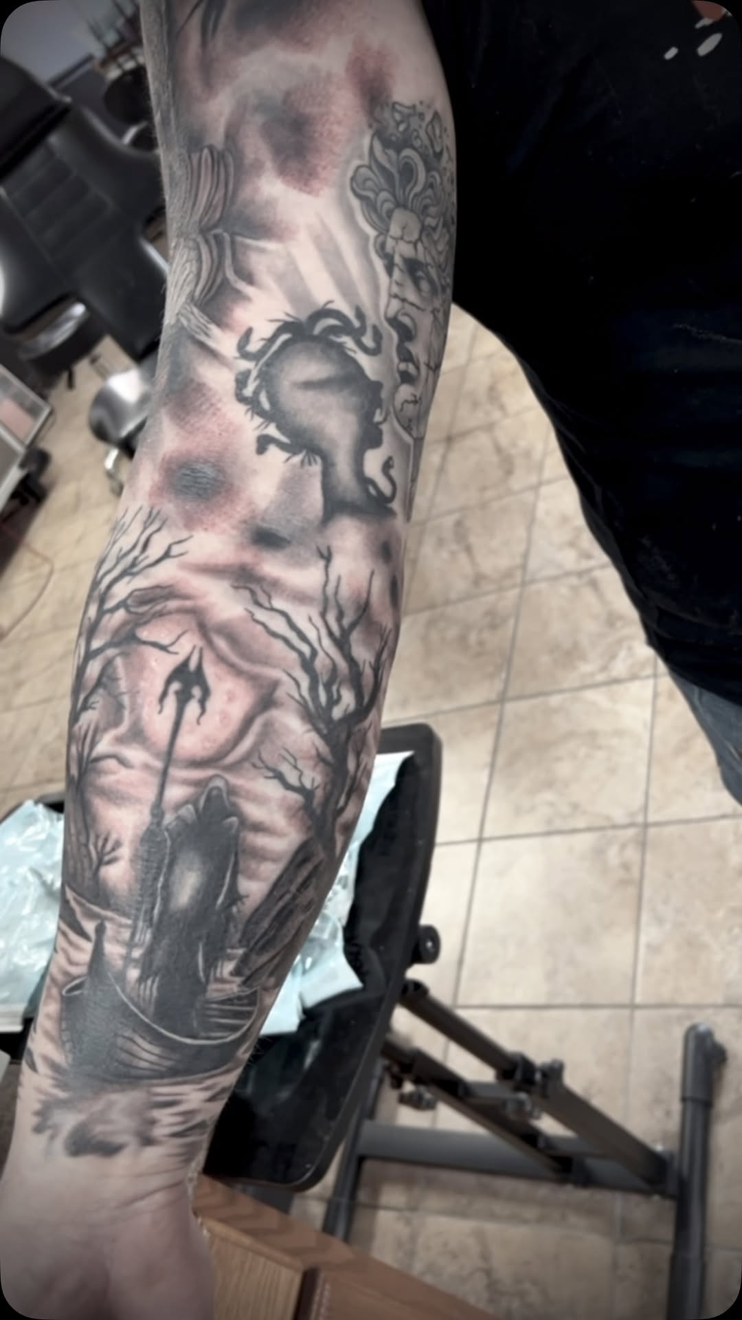 Here’s a sleeve we did. It has big areas that are healed and big areas freshly hit for our smooth out/ touch up session. Started in November and compl