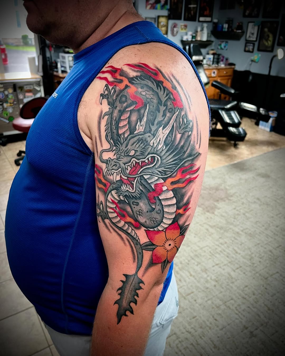 Some fun cover up action from last week. No more kanji and flames. Fun Japanese dragon we did to cover it. Check out the before and after. Thank you B