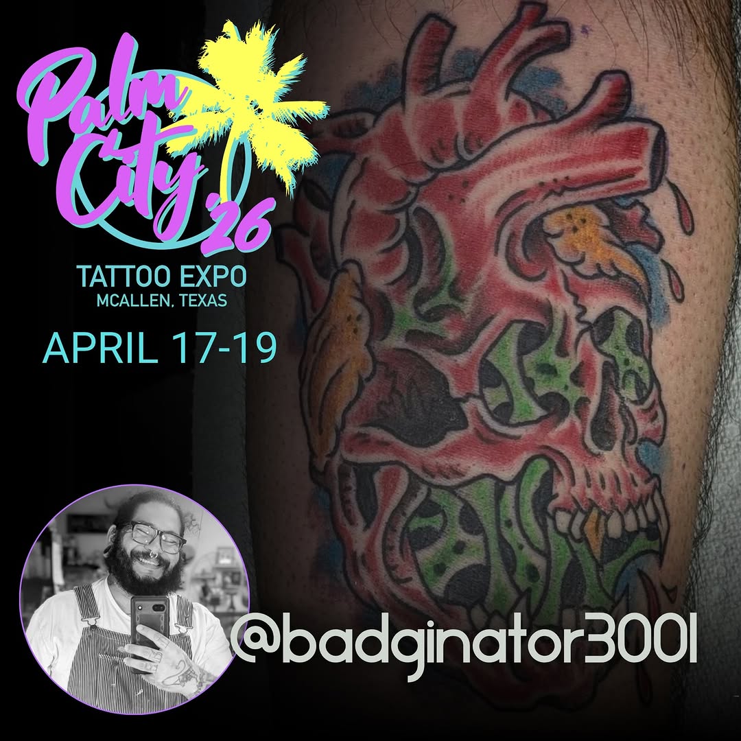 @badginator3001 will be joining us for the @palmcitytattooexpo April 17-19 at the McAllen Convention Center! #palmcitytattooexpo #mcallen #mcallentx #