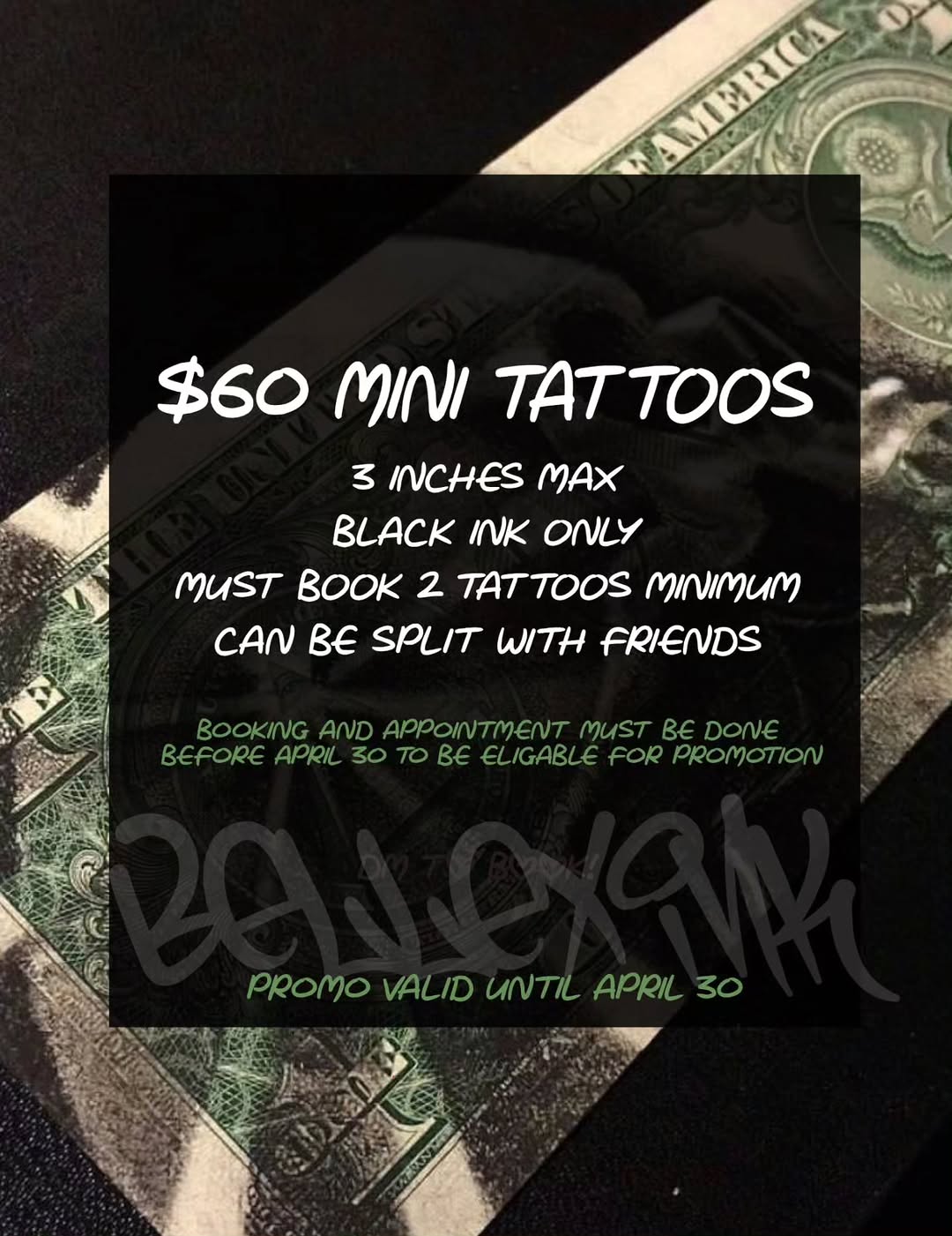 ✨$60 Mini Tattoos all April ✨

• 3 inches max
• Black ink only
• Minimum 2 tattoos (can be split with friends!) 

Book + get it done before April 30 t