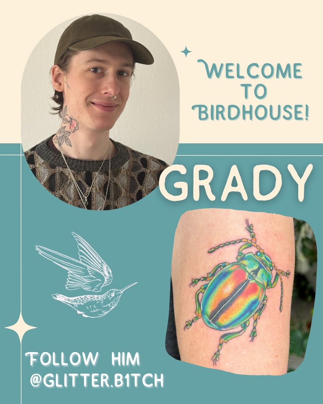  New artist joined the Birdhouse flock!  We’re so happy to welcome @glitter.b1tch to our NE location so we can all  at his colorful tattoos! Grady is 