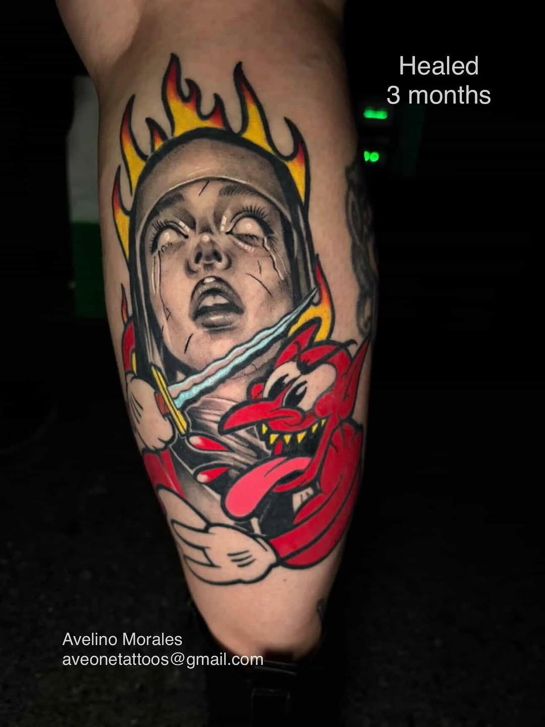 Mixed media Nun/devil tattoo done by Avelino Morales
*Healed 3 months*
Email @aveone for booking details 

#mixedmediatattoo #mixedmedia #harkerheight
