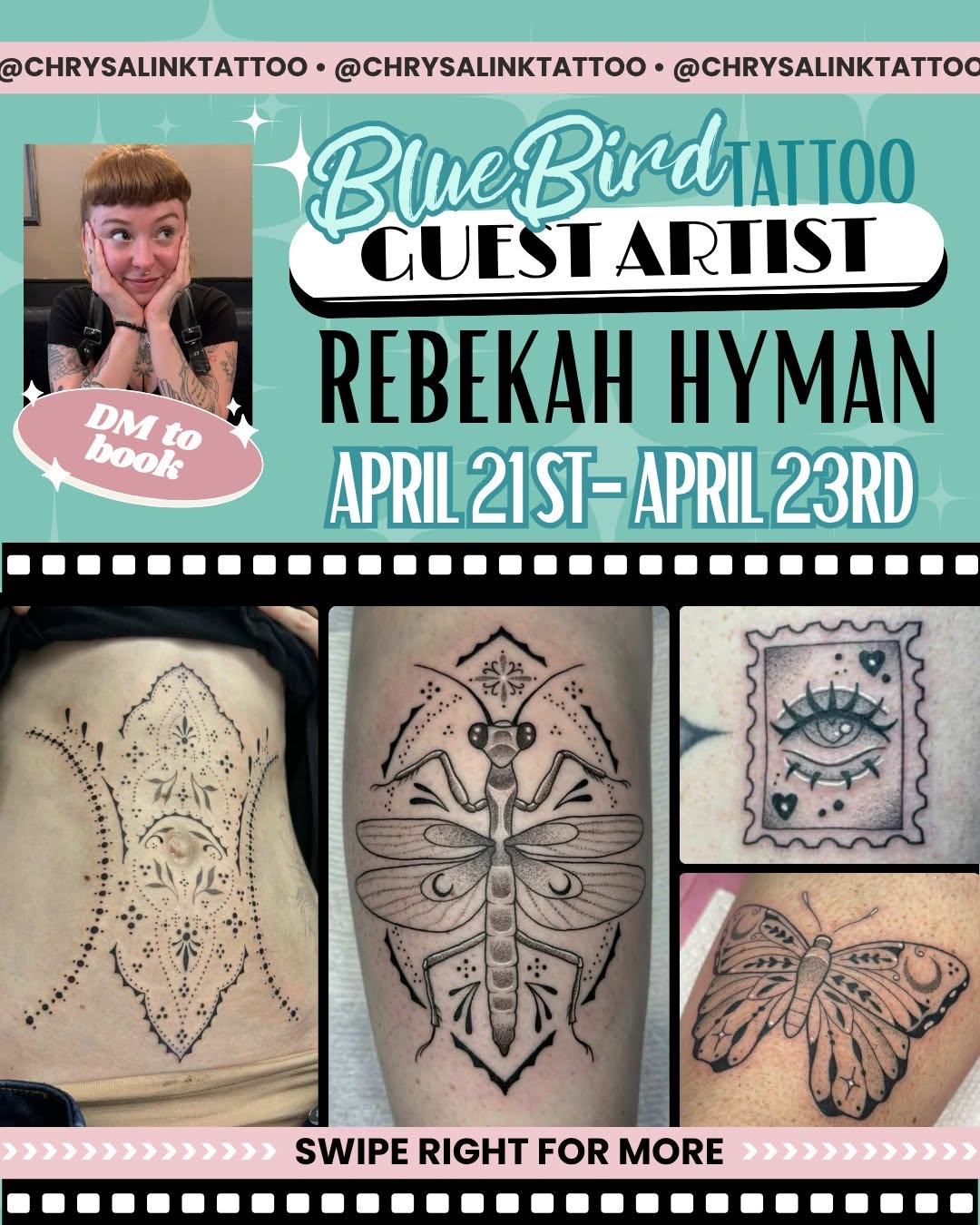 Rebekah will be at Blue Bird in one week for a guest spot!!

Make sure to check out their work on instagram @chrysalinktattoo, their wanna dos in thei