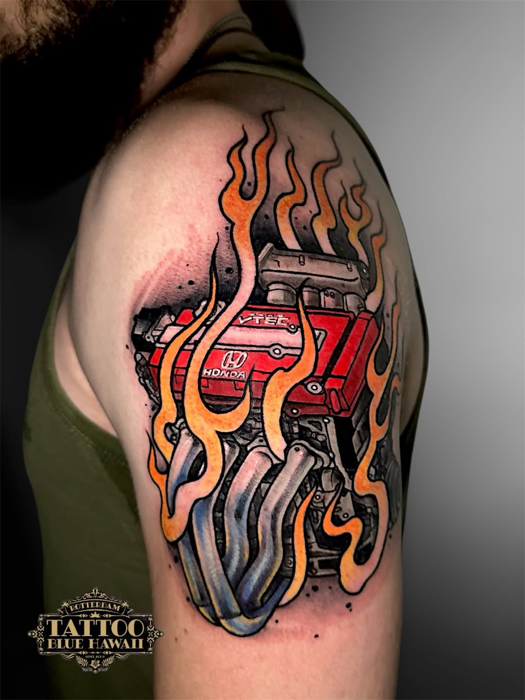 Build for speed, inked for life.  - @marcodmkcanu / swipe opzij! / #vtec #tattoo #rotterdam #neotradtattoo