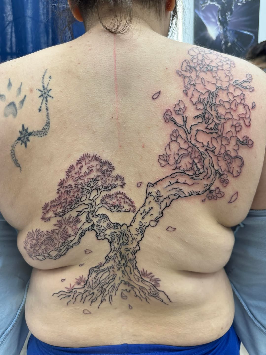 The start of a cool back piece, half bonsai half cherry blossom tree. Would love to do some more bigger pieces. HMU to book your next tattoo. #allin