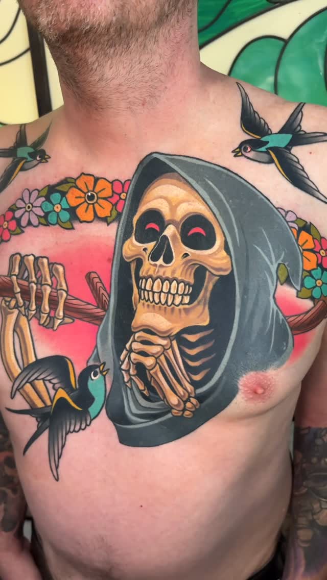 Finished this super fun project today on my buddy James! He asked me to make a fun colorful tattoo that would loosely portray “kill them with kindness