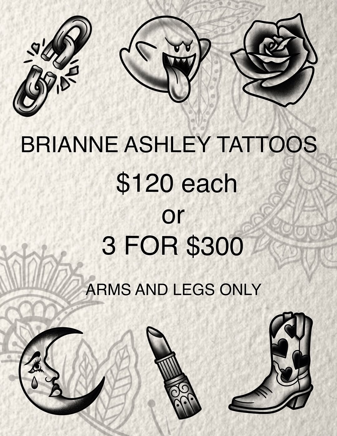 MINI FLASH  see highlight for all available 
** arms and legs only, color can be added for an additional fee ** 

email: brianneashleytattoos@gmail.co