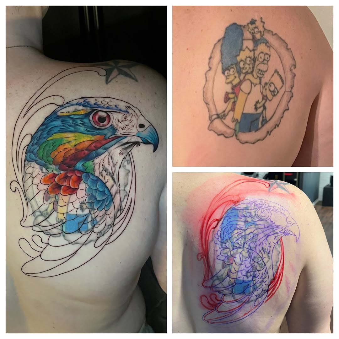 Rainbow Hawk Cover up in progress! Super Excited for the next session! Love the Simpsons but they had to go <3