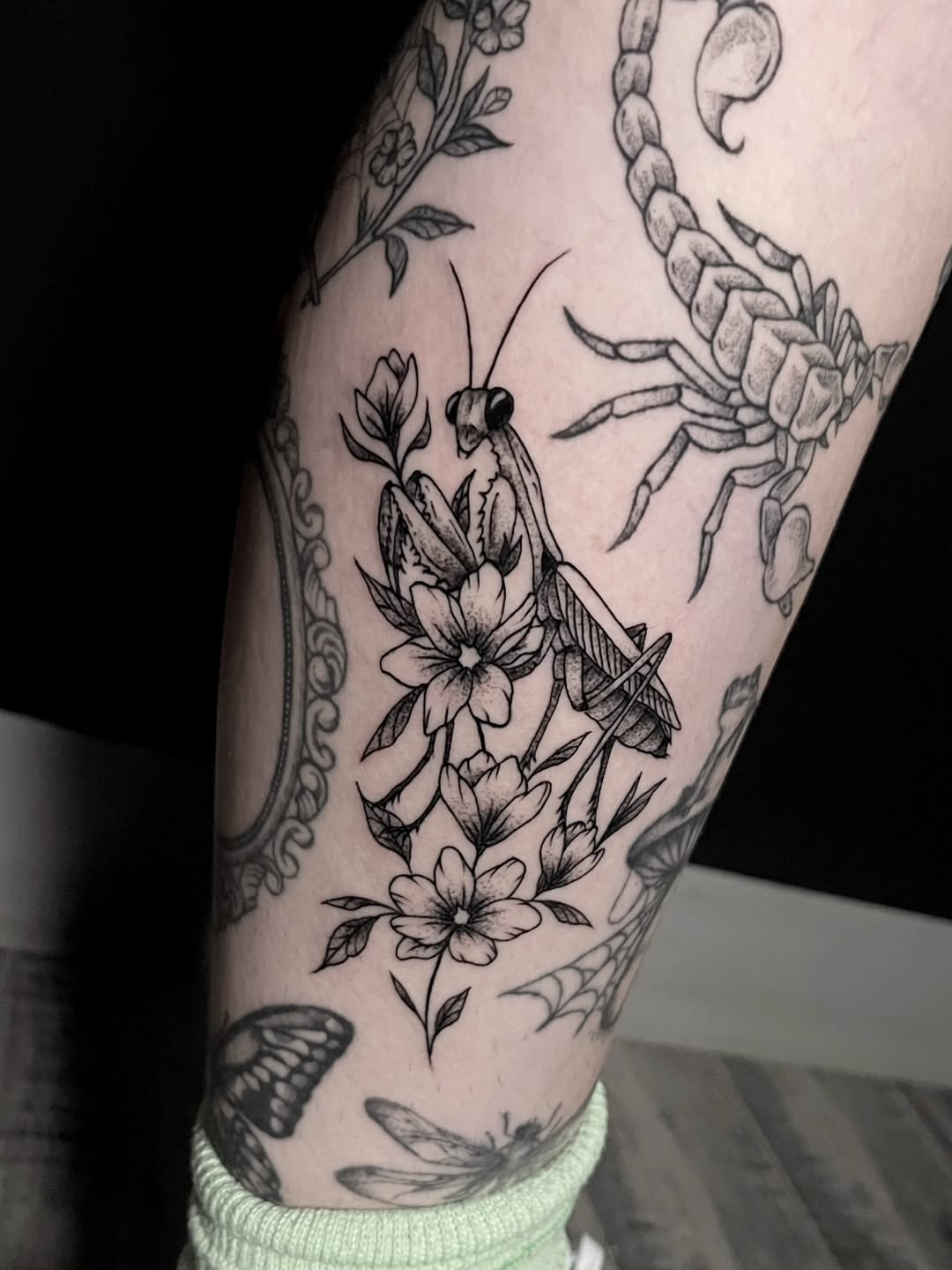 Literally the cutest little praying mantis I did today, I love tattooing bugs