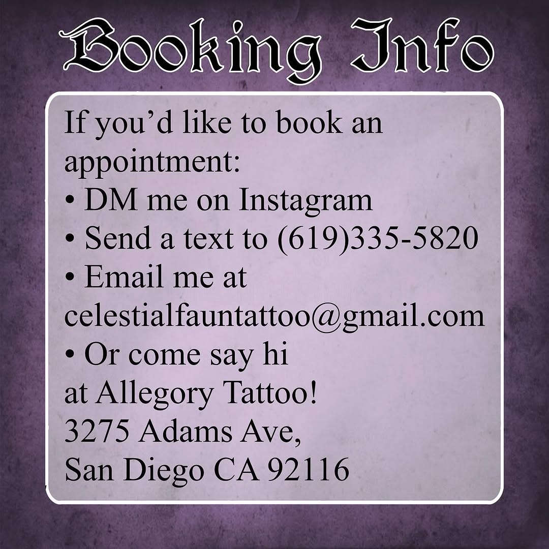 Updated booking info! All the same stuff, just with my new location. #sandiego #sandiegotattooartist #sandiegotattooer #sandiegotattooshop #allegoryta