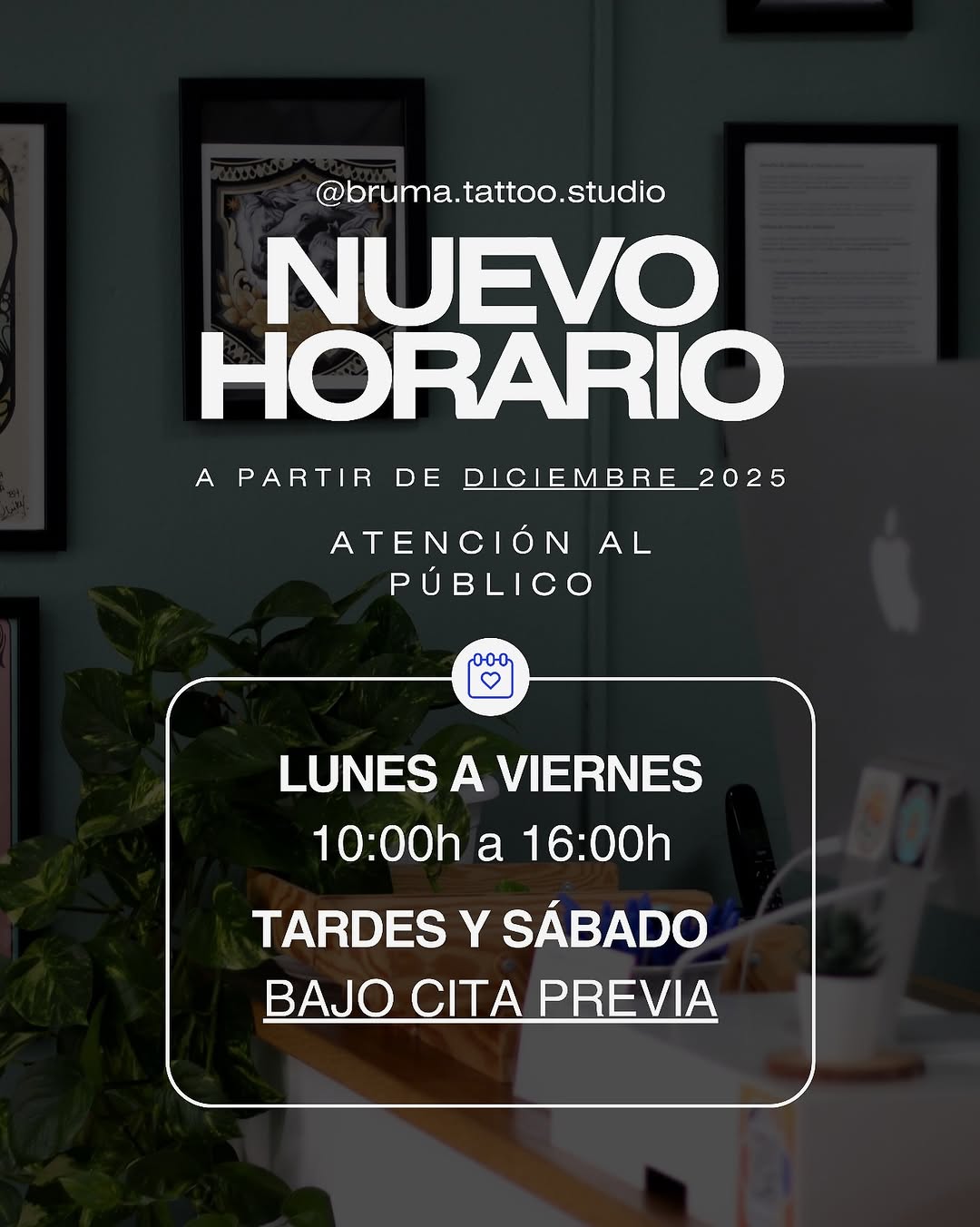 A partir del 1 de diciembre, nuestro estudio ajusta su horario de atención al público.

El nuevo horario es:

☀️ Lunes a viernes: 10:00h a 16:00h ☀️
H