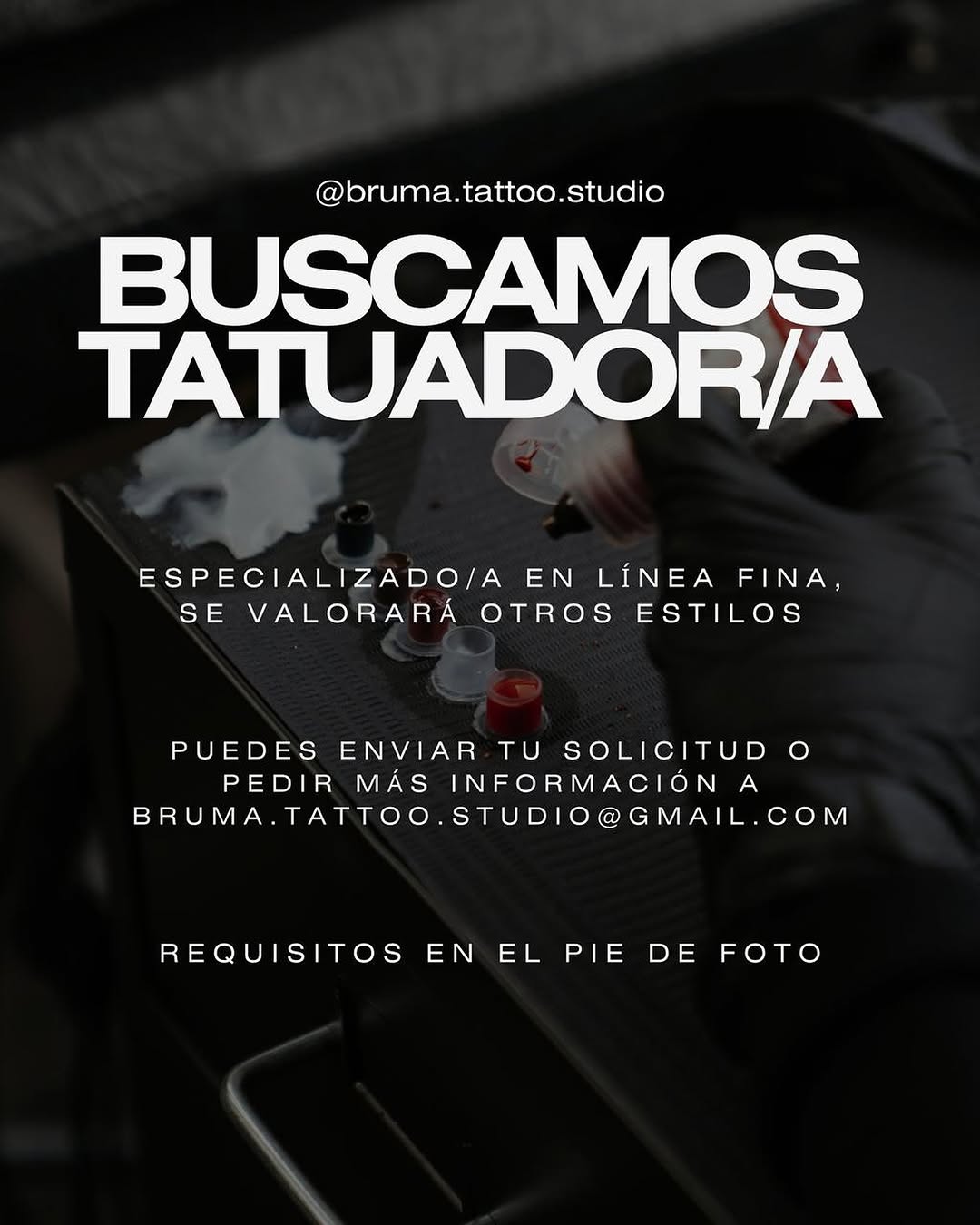 Ampliamos el equipo de Bruma! 

Buscamos tatuador/a especializado en línea fina (se valorará otros estilos)

 Requisitos:

·Profesionalidad
·Compromis