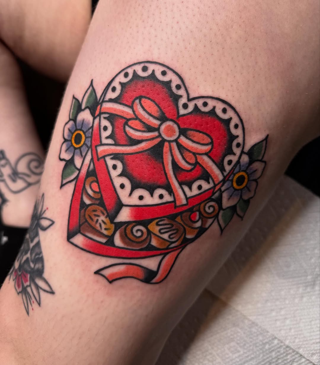 Box of chocolates referenced from the internet, shout out artist of the original concept. #bsetzlertattoo #tattoos #traditionaltattoo #holdfastct #ctt