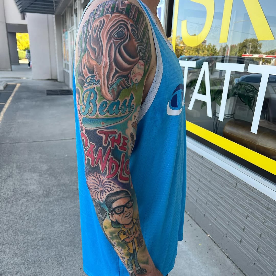 The Sandlot sleeve! Thank you so much @chiefhamilton, this was a lot of fun to make. #livingskintattoo #thesandlot #sandlottattoo #colortattoo #tattoo