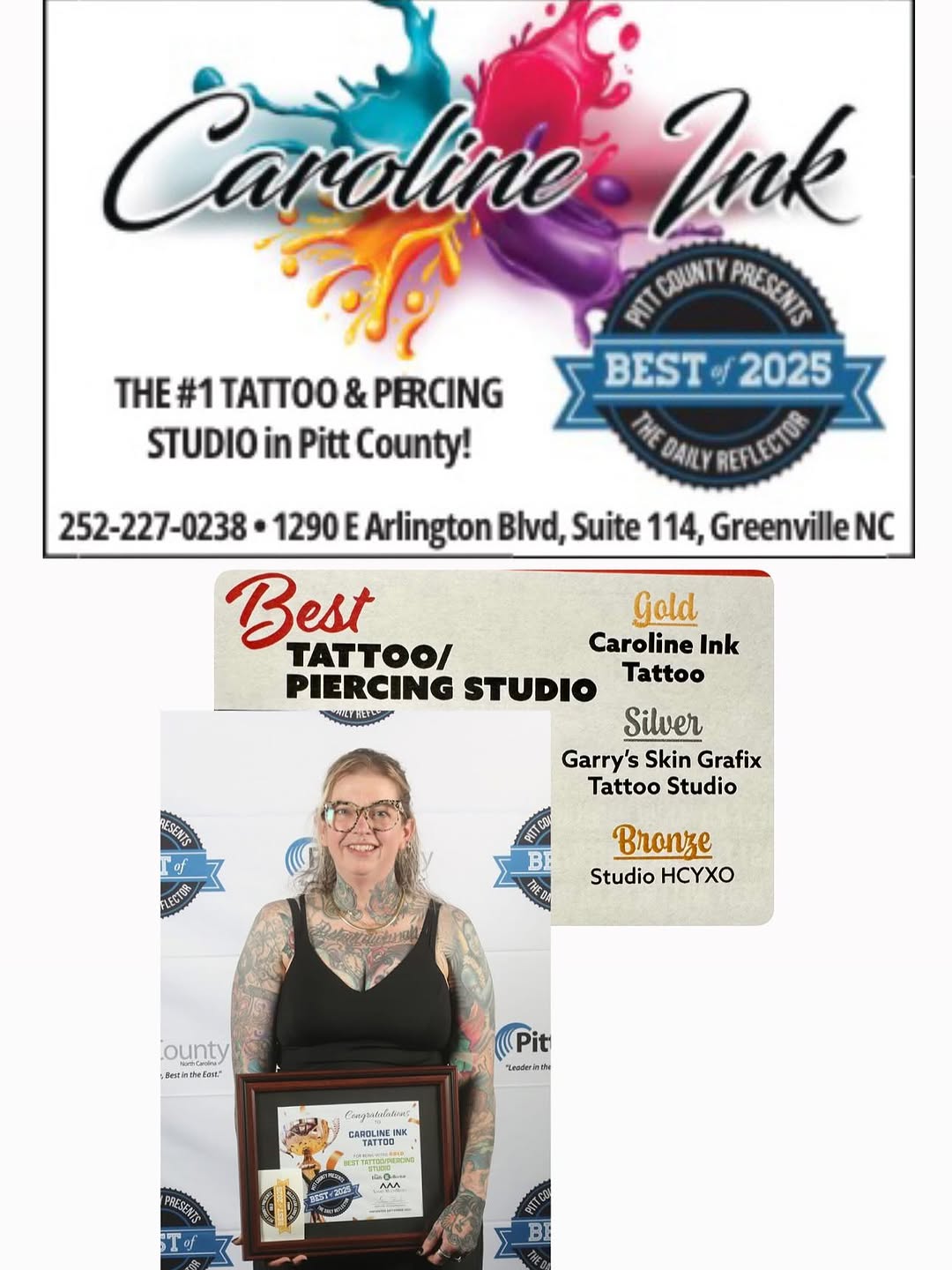 First, I want to congratulate all the
tattoo studios that were nominated for The Daily Reflector’s “Best o f 2025” Readers’ Choice Awards. We are real