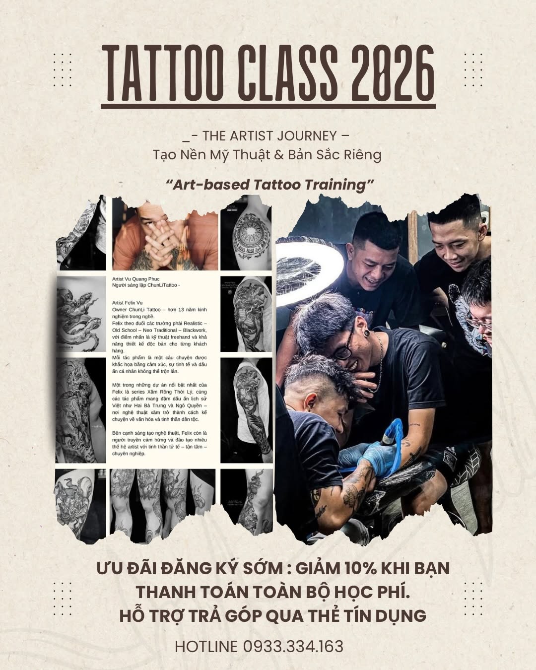 KHAI GIẢNG KHÓA XĂM 2026 – CHUNLI TATTOO

Tại ChunLiTattoo, khoá học được chia rõ 2 lộ trình:

 LỚP FOUNDATION (0 → Nghề) 
Dành cho người chưa biết gì