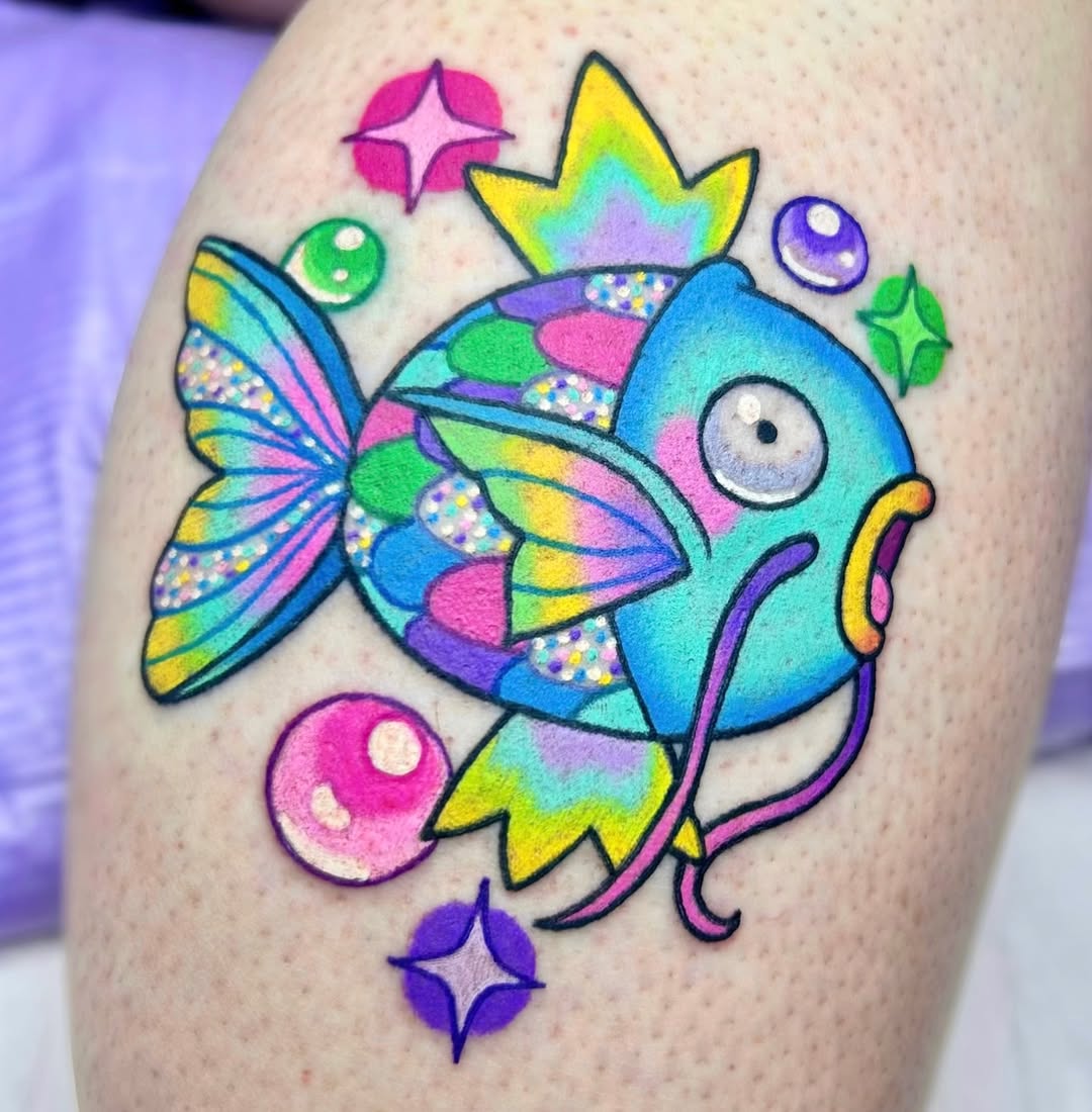 Rainbow fish Magikarp mashup! Such a fun idea from my client, Reva! My clients have the best ideas  

#magikarp#pokemon#pokemontattoo#kawaii#tattoo