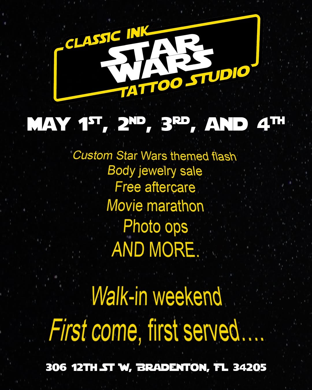 ✨May the Fourth Be With You!✨

Classic Ink Tattoo Studio Presents: Star Wars Weekend Tattoo Flash Event

Join “LucasFilms Licensed Tattoo Artist” Bran