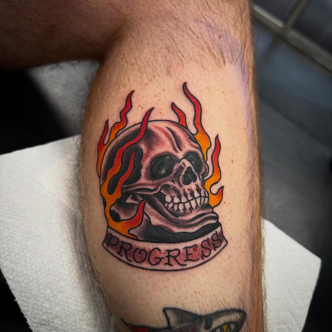 Skull & flames for some Pokemon + cash 

Big thanks @aiden_hamby19 for coming through! 

Always down to trade tattoos for Pokemon ✌️

Made with love &