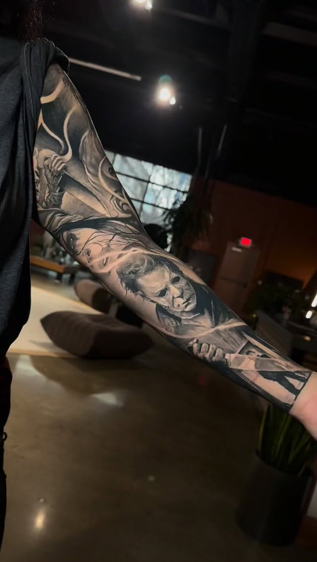 H E A L E D 
One of my fav sleeves on @crumbelina_279 
TEXT 916 572 4193
Done @peaksandvalleyscollective 
#michaelmyers #blackandgrey #tattooideas #in