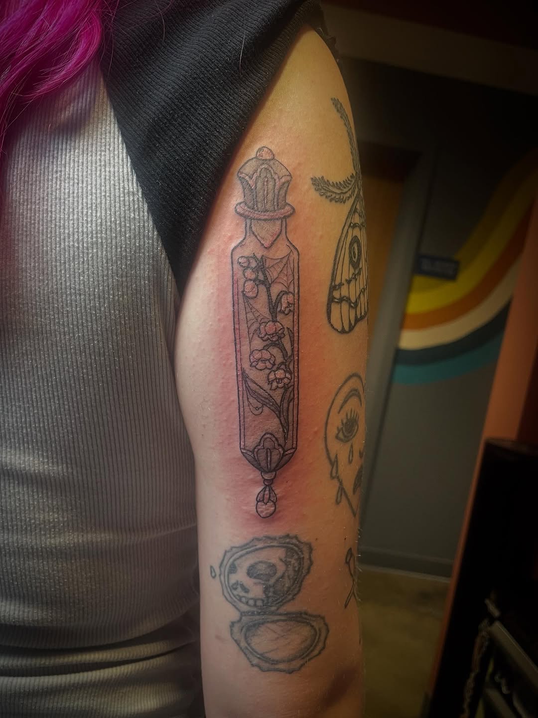 #potiontattoo #potion #spiderweb #lilyofthevalleytattoo #lilyofthevalley #tattoo #tattoooftheday #armfiller