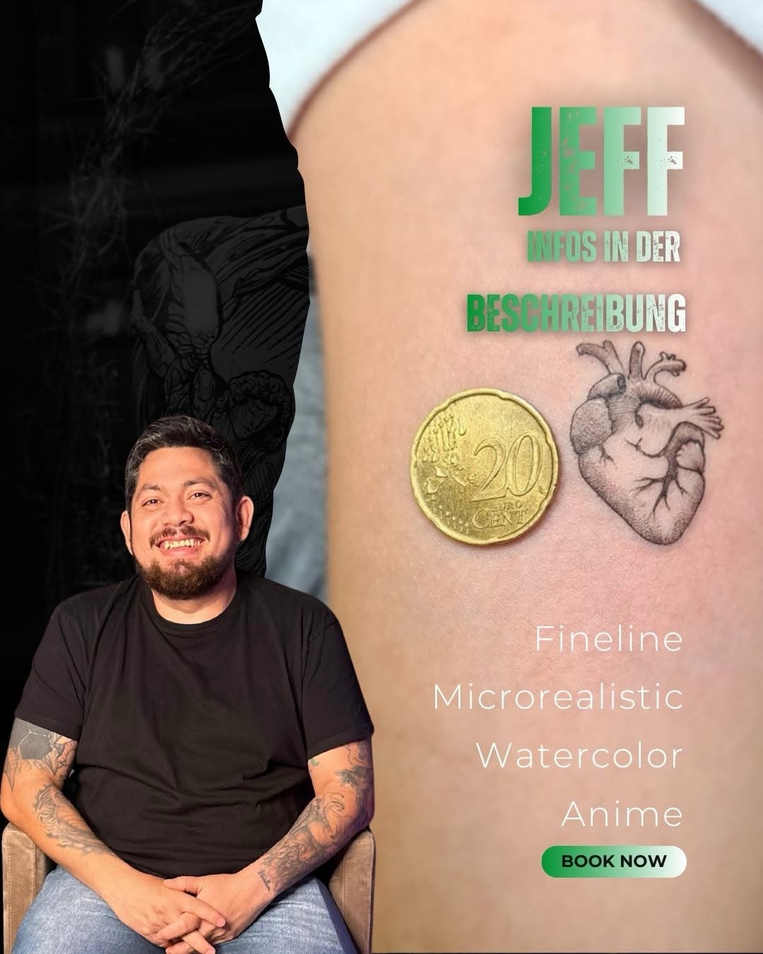 Fein. Präzise. Einzigartig.

Vom 21.04. bis 25.04. bringt Jeff seine Kunst zu COSMOS TATTOO.

Seine Arbeiten verbinden extreme Fineline mit Microreali