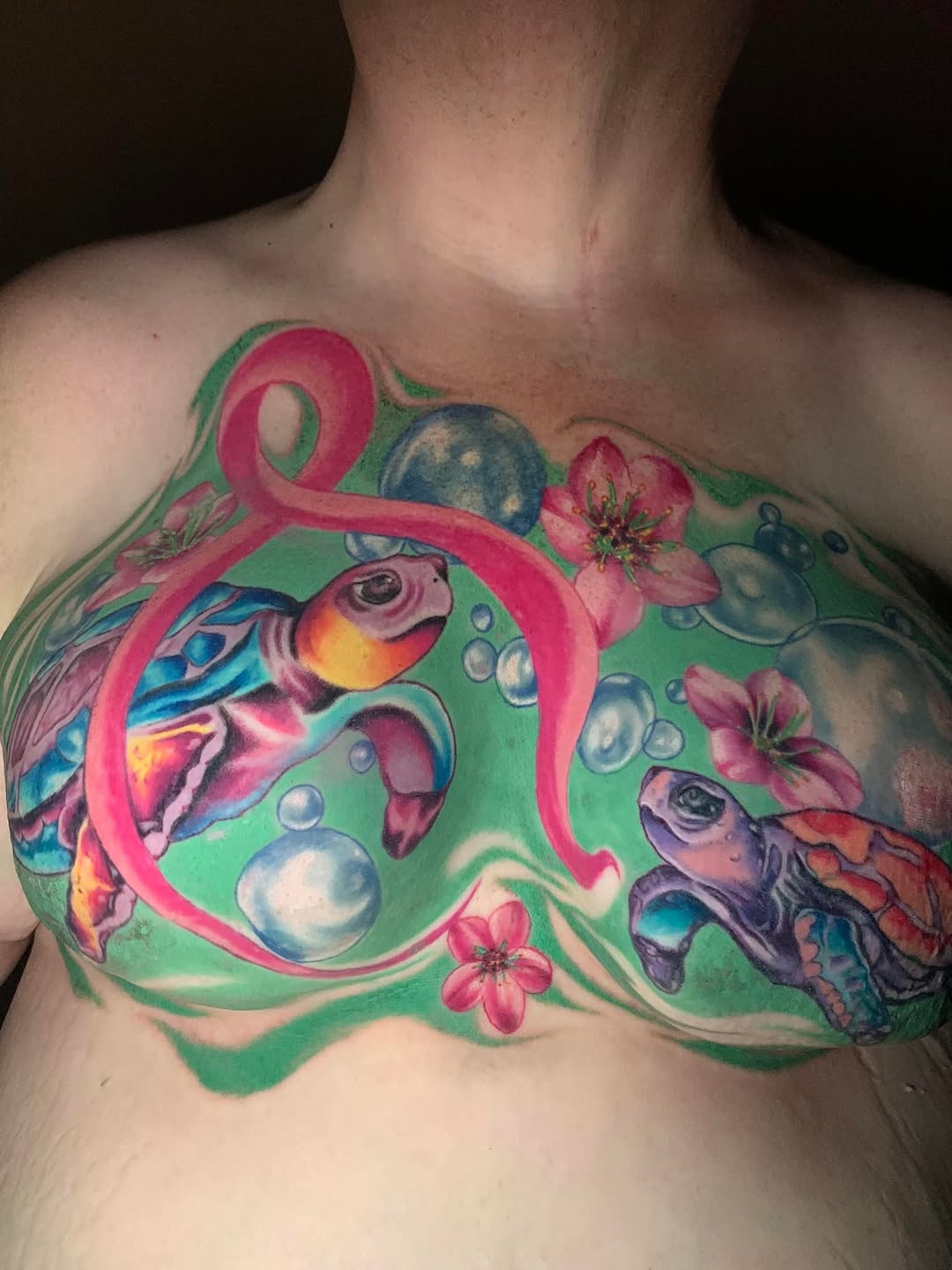 Party Turtles for Sally  when you’ve had a double Mastectomy/Implants/reconstruction The amount of trust that goes into this type of tattooing, is off