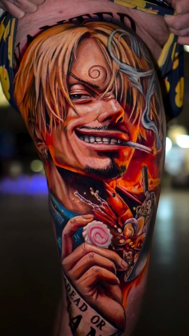 Tattoo done at the Luxembourg convention!
Three amazing days tattooing Sanji from One Piece on my client William 
Thanks for the trust and the great v