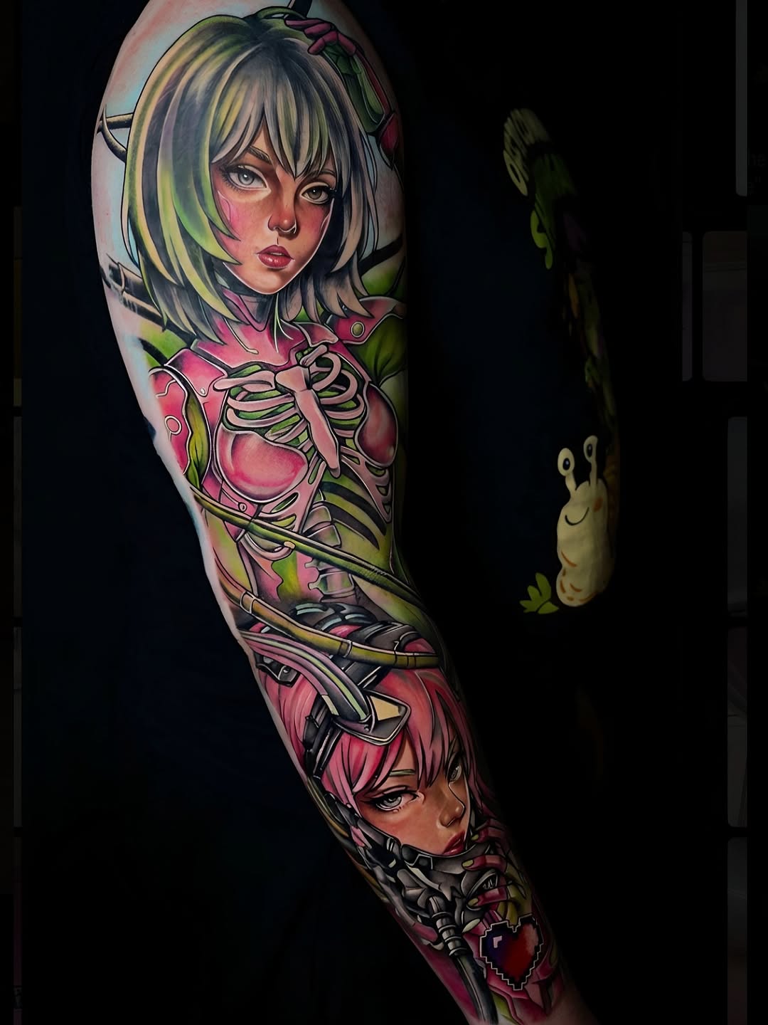 Pink or Green? 
. 
. 
Cyberpunk style Anime Sleeve in progress. This custom Cyberpunk inspired piece was completed in 21 hours over two consecutive da