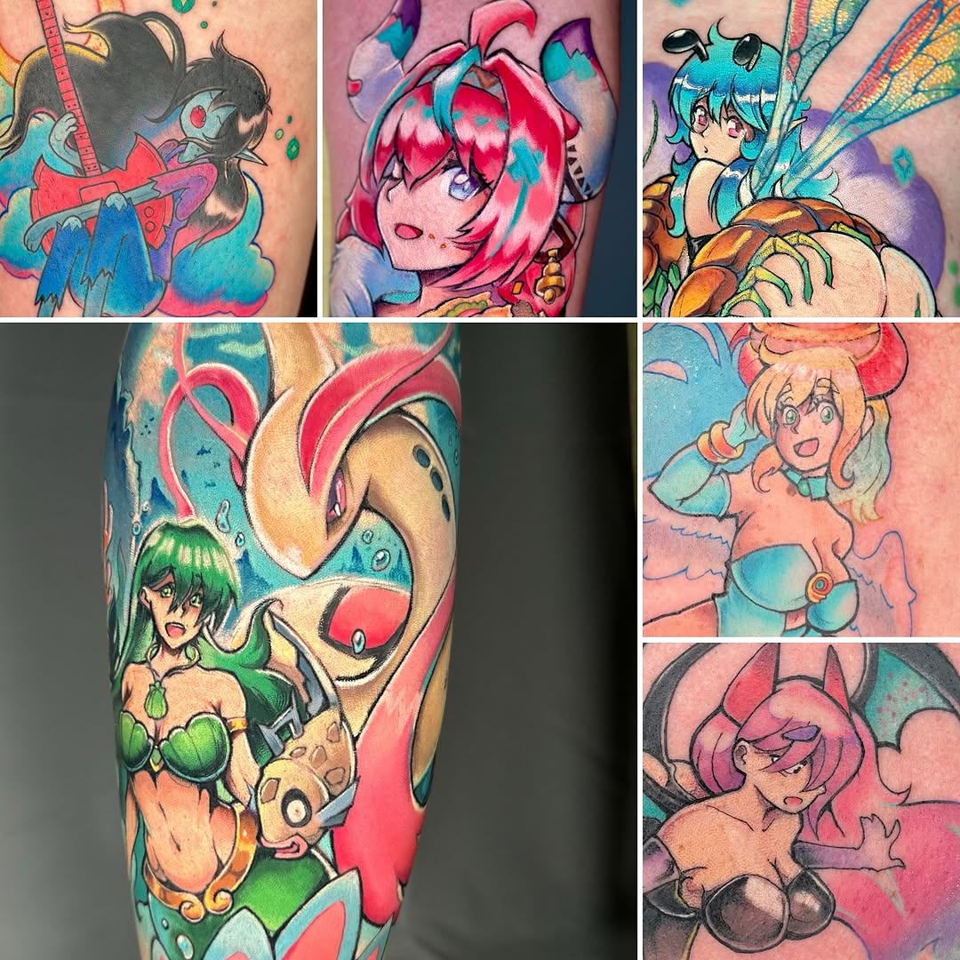 Bright colored waifus!  Here’s some of my favorite girls I’ve tattood!  I’d love to add more to this list.  Schedule an appointment with me and get yo