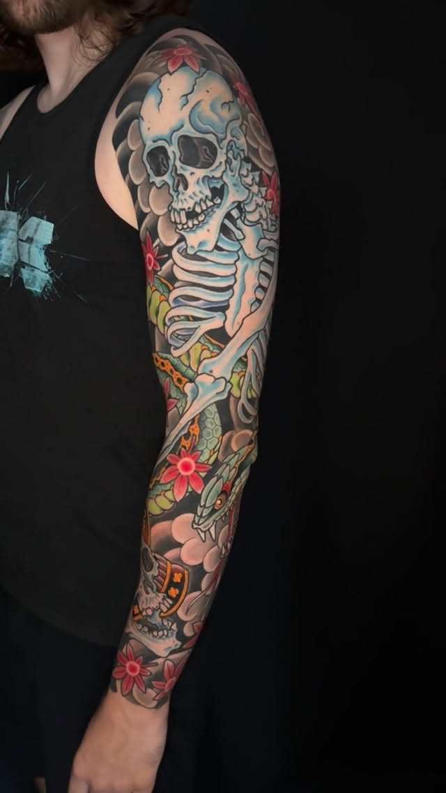 #gashadokuro dead samurai and snake Sleeve. Might be my new favorite. So grateful for my awesome clients and so honored to be able to explore the trad