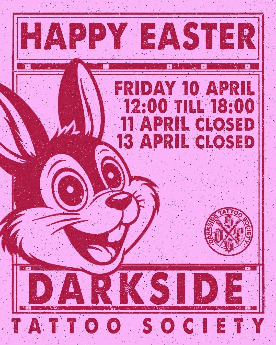 To Darkside Tattoo Society σας εύχεται καλες γιορτές και καλό Πάσχα 
Τα Darkside Tattoo Society Κολωνάκι και Χαλάνδρι θα παραμείνουν κλειστά  Μ.Παρασκ